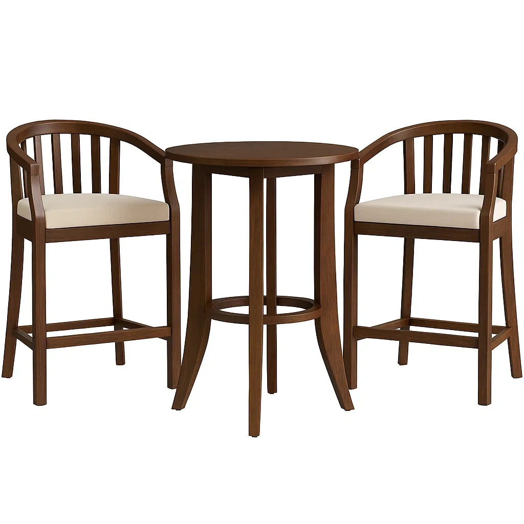 Set tavolo da bar con sedie in legno marrone con seduta imbottita