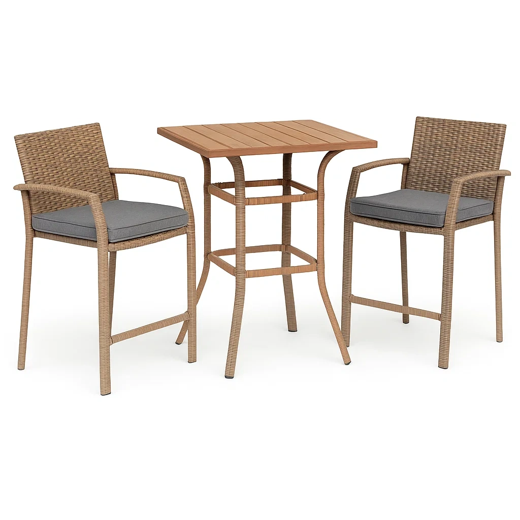 Set tavolo da bar con sedie quadrato in legno e sedie alte in rattan con cuscini grigi