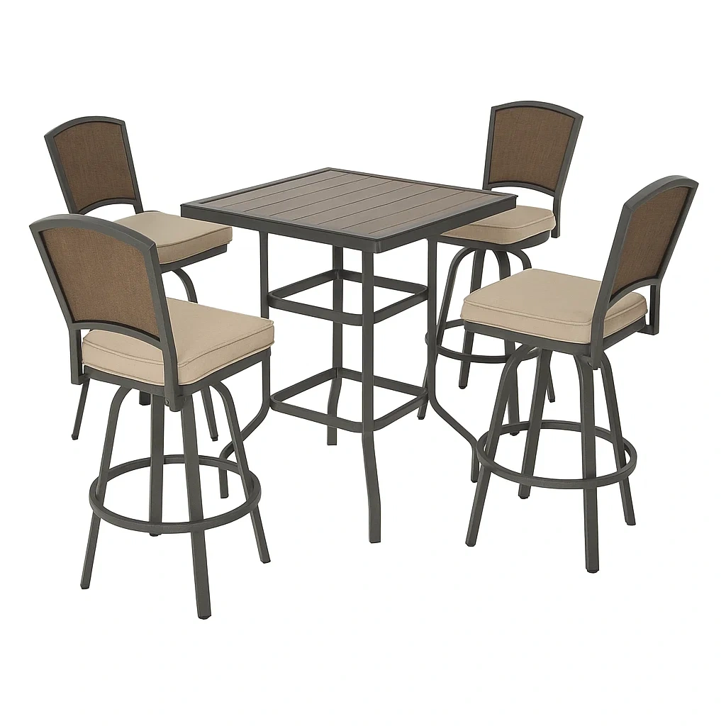 Set tavolo da bar con sedie da esterno in alluminio con quattro sgabelli girevoli
