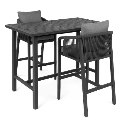 Set tavolo da bar con sedie alte in alluminio nero con cuscini