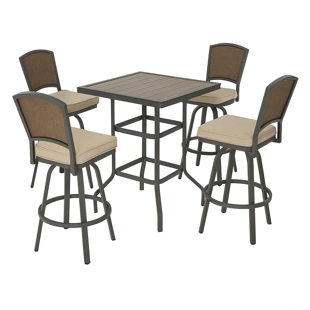 Set tavolo da bar con sedie da esterno in alluminio con quattro sgabelli girevoli