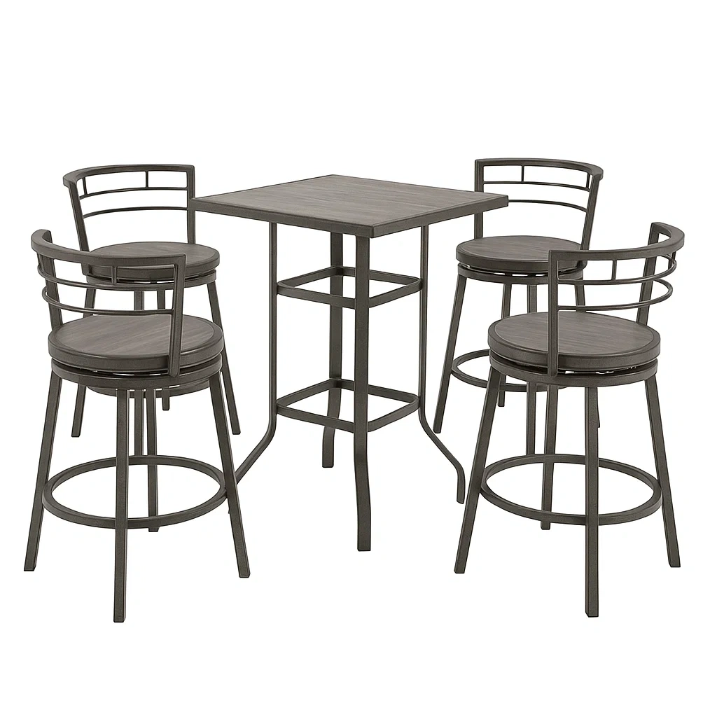 Set tavolo da bar con sedie in metallo e legno grigio 5 pezzi