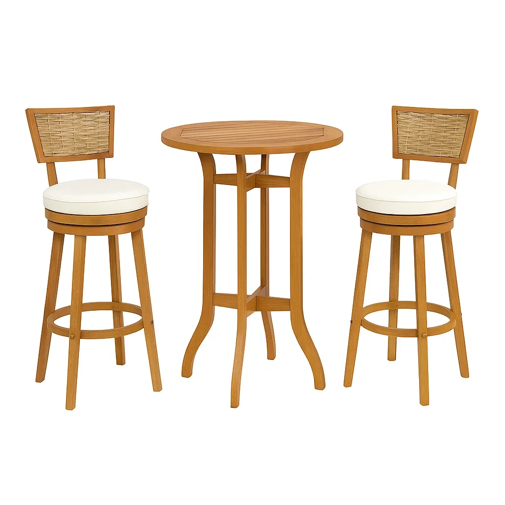 Set tavolo da bar con sedie rotondo in legno con 2 sgabelli girevoli seduta crema