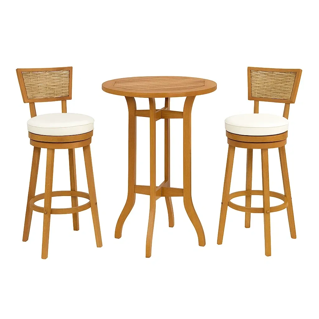 Set tavolo da bar con sedie rotondo in legno con 2 sgabelli girevoli seduta crema