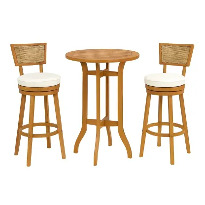 Set tavolo da bar con sedie rotondo in legno con 2 sgabelli girevoli seduta crema