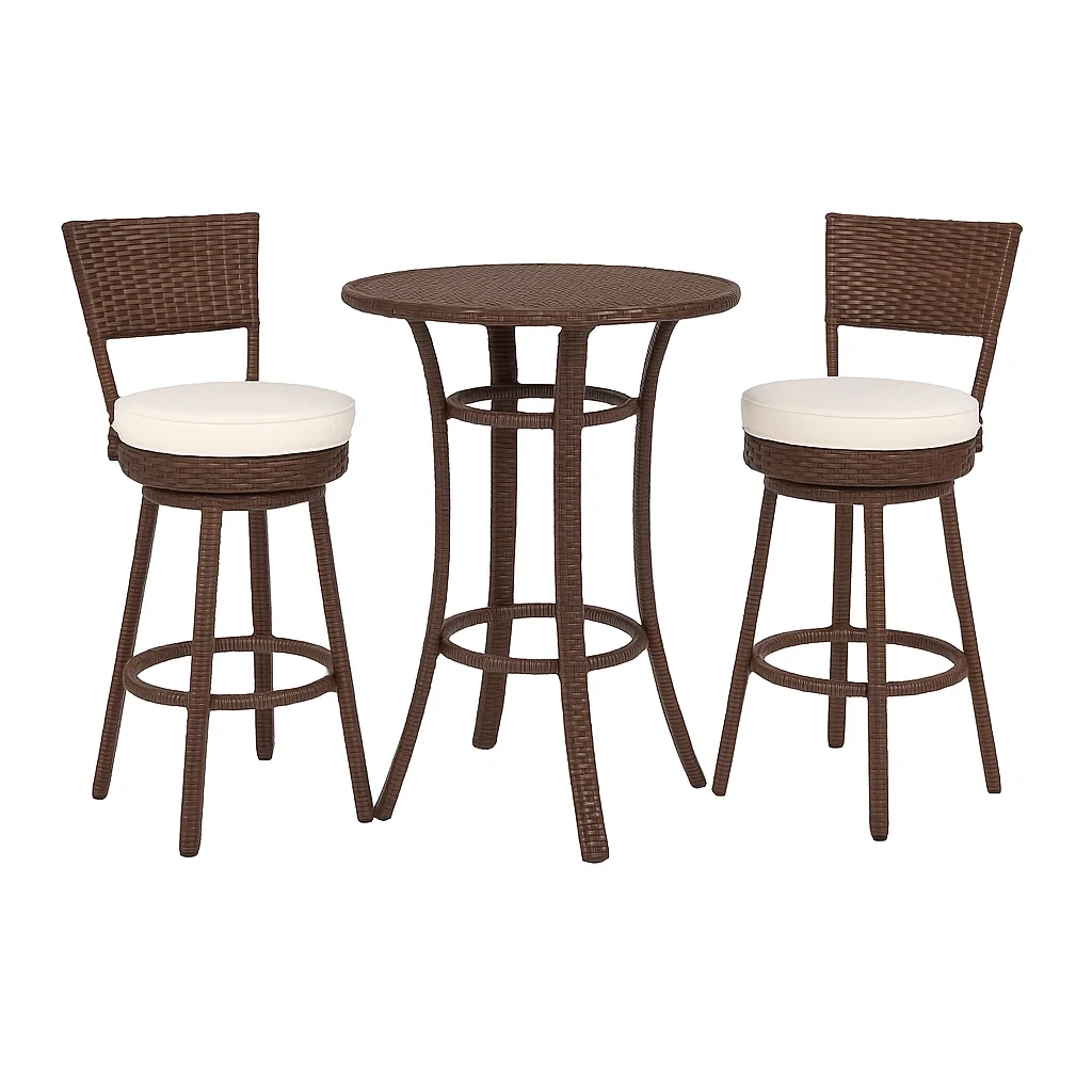 Set tavolo da bar con sedie in rattan marrone con cuscini bianchi