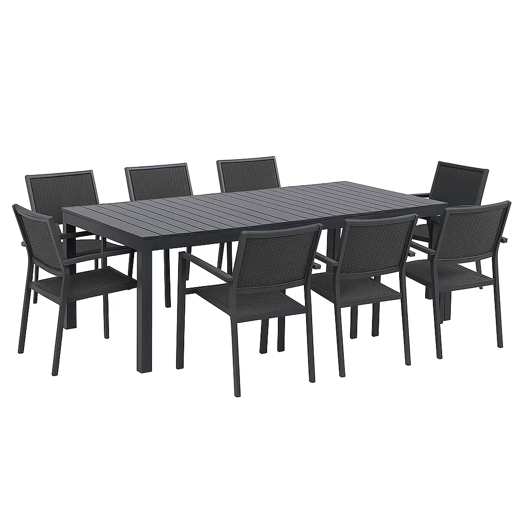 Set tavolo da pranzo con sedie in alluminio nero con 8 sedie in rattan per esterno