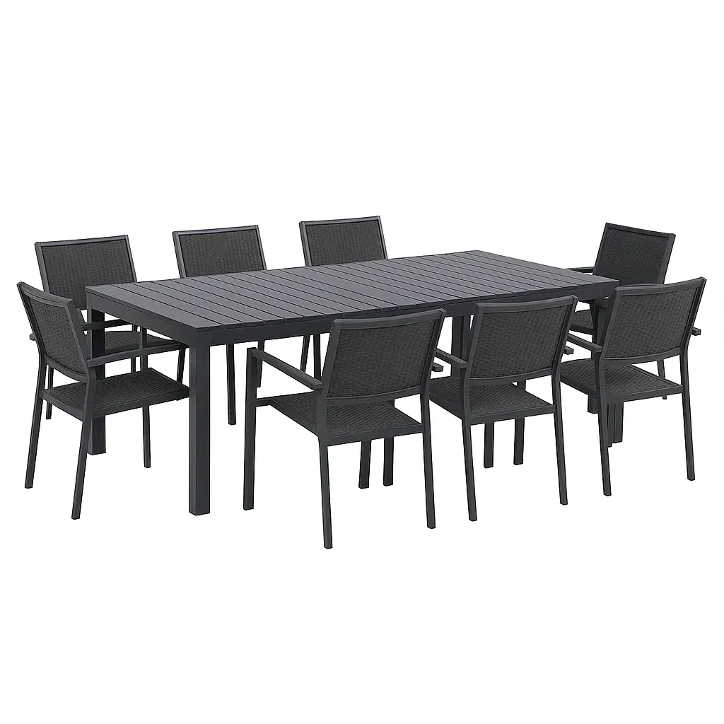 Set tavolo da pranzo con sedie in alluminio nero con 8 sedie in rattan per esterno