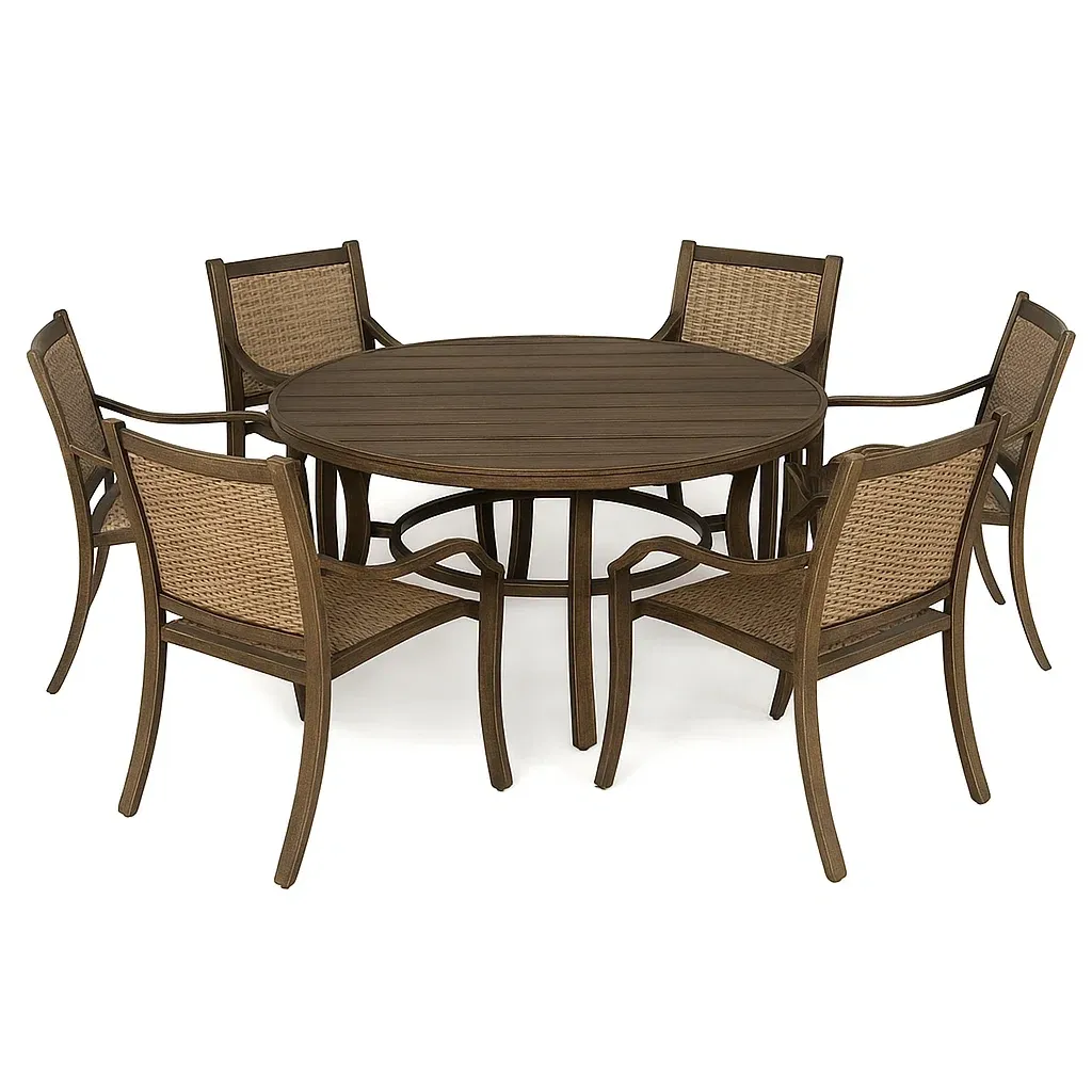 Set tavolo da pranzo con sedie rotondo in legno marrone con 6 sedie in rattan
