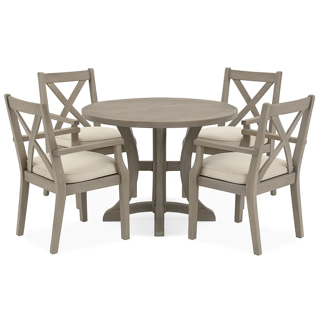 Set tavolo da pranzo con sedie rotondo in legno massello grigio con cuscini