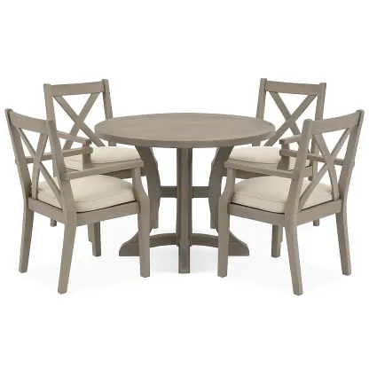 Set tavolo da pranzo con sedie rotondo in legno massello grigio con cuscini