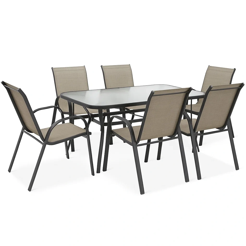 Set tavolo da pranzo con sedie rettangolare in metallo e vetro con 6 sedie beige