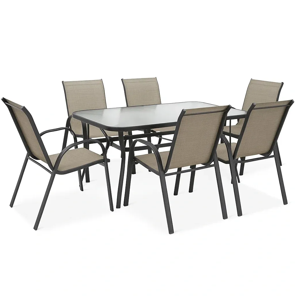 Set tavolo da pranzo con sedie rettangolare in metallo e vetro con 6 sedie beige