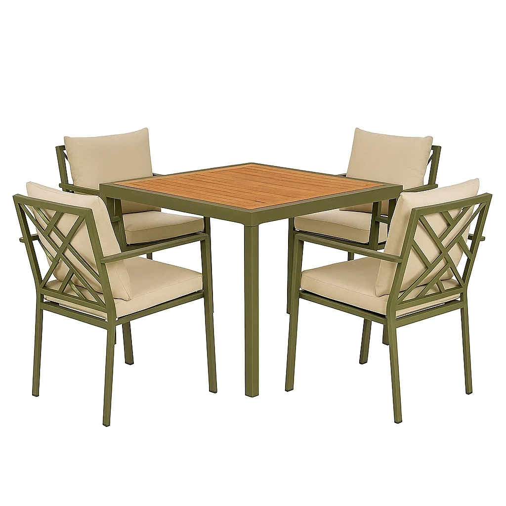 Set tavolo da pranzo con sedie quadrato in metallo verde e legno con 4 sedie e cuscini beige
