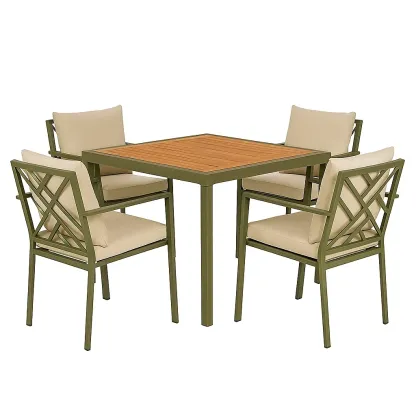 Set tavolo da pranzo con sedie quadrato in metallo verde e legno con 4 sedie e cuscini beige