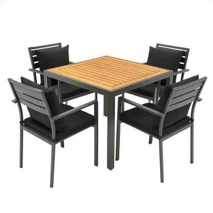 Set tavolo da pranzo quadrato con sedie in alluminio nero e tavolo con piano in teak