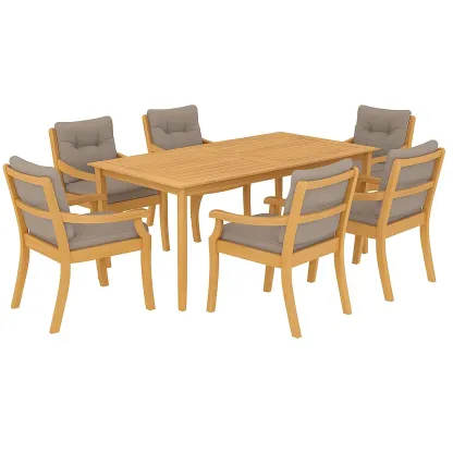Set tavolo da pranzo con sedie rettangolare con 6 sedie in legno e cuscini grigi