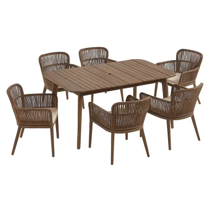 Set tavolo da pranzo con sedie in legno con tavolo rettangolare e sedie intrecciate marrone