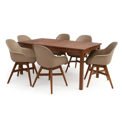 Set tavolo da pranzo con sedie in legno con tavolo rettangolare e 6 sedie in plastica beige