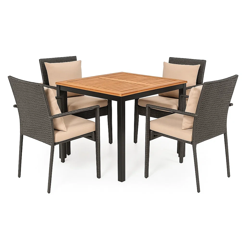 Set tavolo da pranzo con sedie quadrato in legno e alluminio con 4 sedie in rattan e cuscini in poliestere