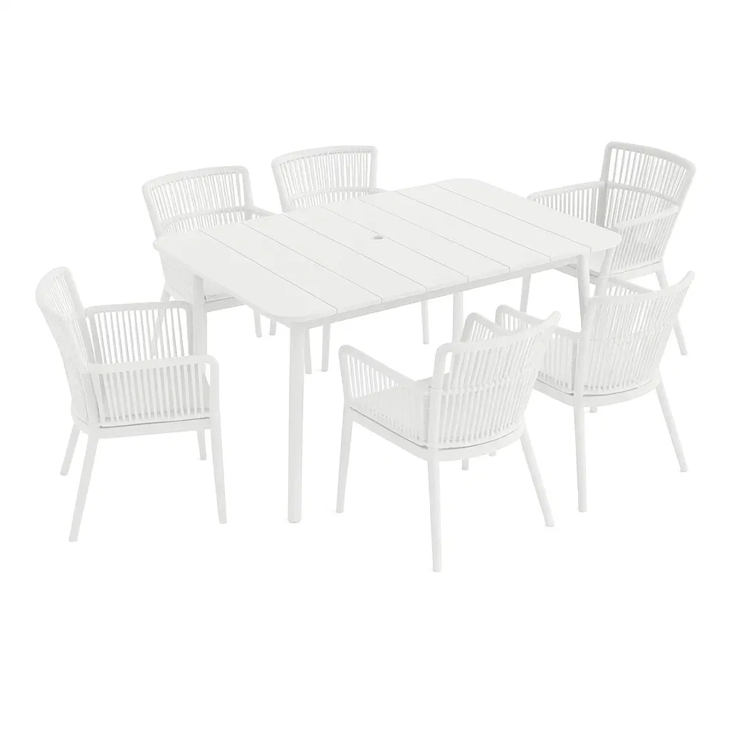 Set tavolo da pranzo con sedie rettangolare con 6 sedie bianche in alluminio e poliestere