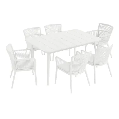 Set tavolo da pranzo con sedie rettangolare con 6 sedie bianche in alluminio e poliestere
