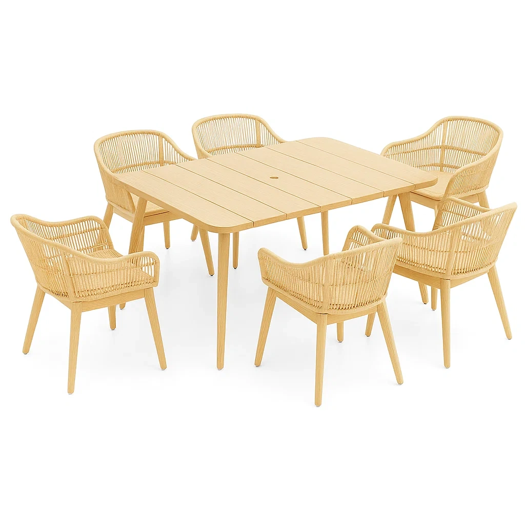 Set tavolo da pranzo con sedie rettangolare in legno e rattan naturale