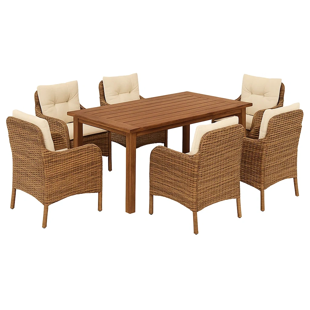 Set tavolo da pranzo con sedie rettangolare in legno di acacia con 6 poltrone in rattan e cuscini