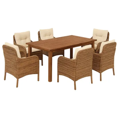 Set tavolo da pranzo con sedie rettangolare in legno di acacia con 6 poltrone in rattan e cuscini
