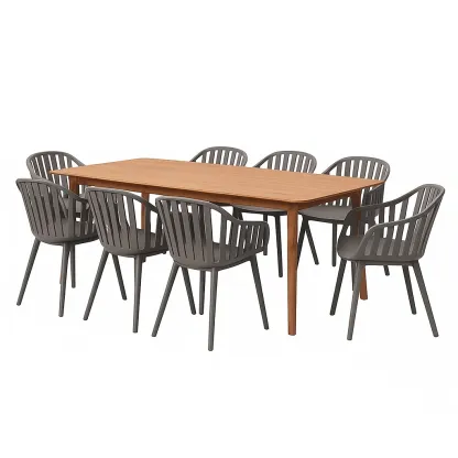 Set tavolo da pranzo con sedie in legno con 8 sedie in plastica grigie