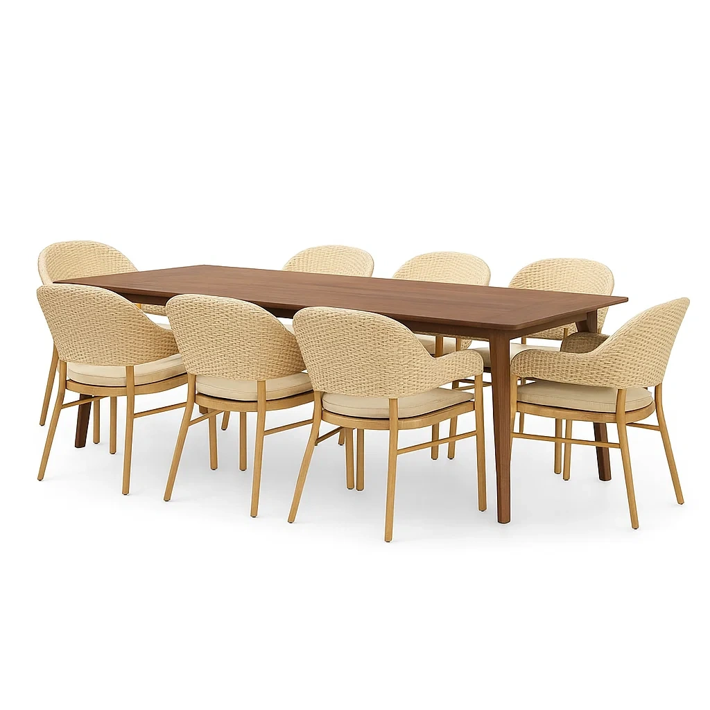 Set tavolo da pranzo con sedie rettangolare in legno marrone con sedie in fibra sintetica beige