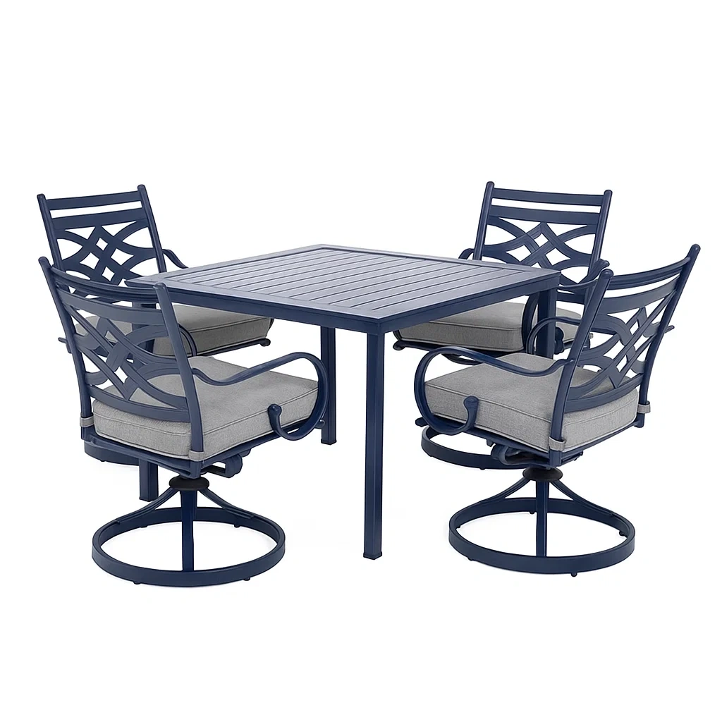 Set tavolo da pranzo con sedie quadrato in alluminio blu con cuscini grigi e quattro sedie