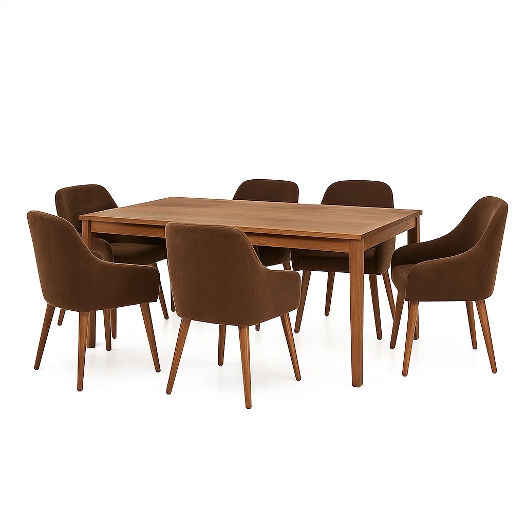 Set tavolo da pranzo con sedie rettangolare in legno e sedie in velluto marrone