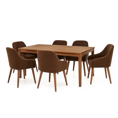 Set tavolo da pranzo con sedie rettangolare in legno e sedie in velluto marrone