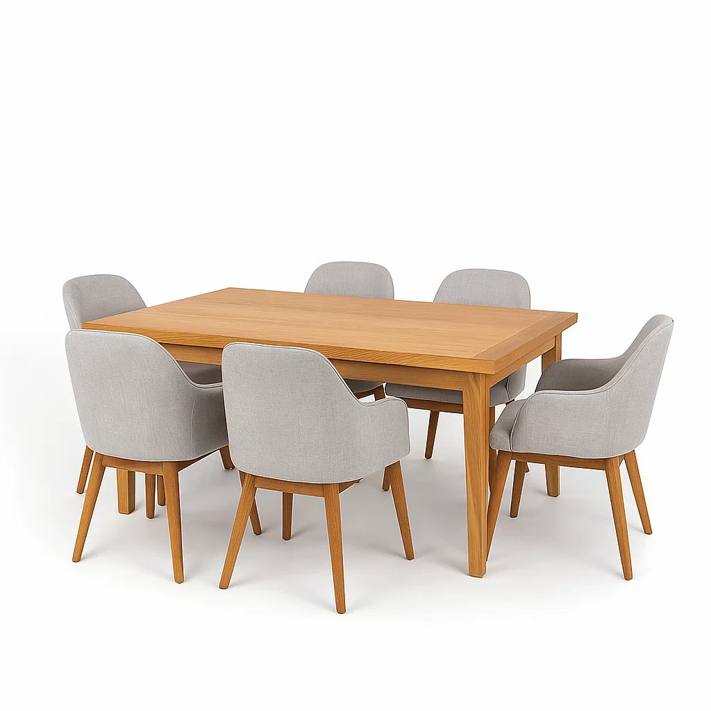 Set tavolo da pranzo con sedie in legno con 6 sedie in tessuto grigio
