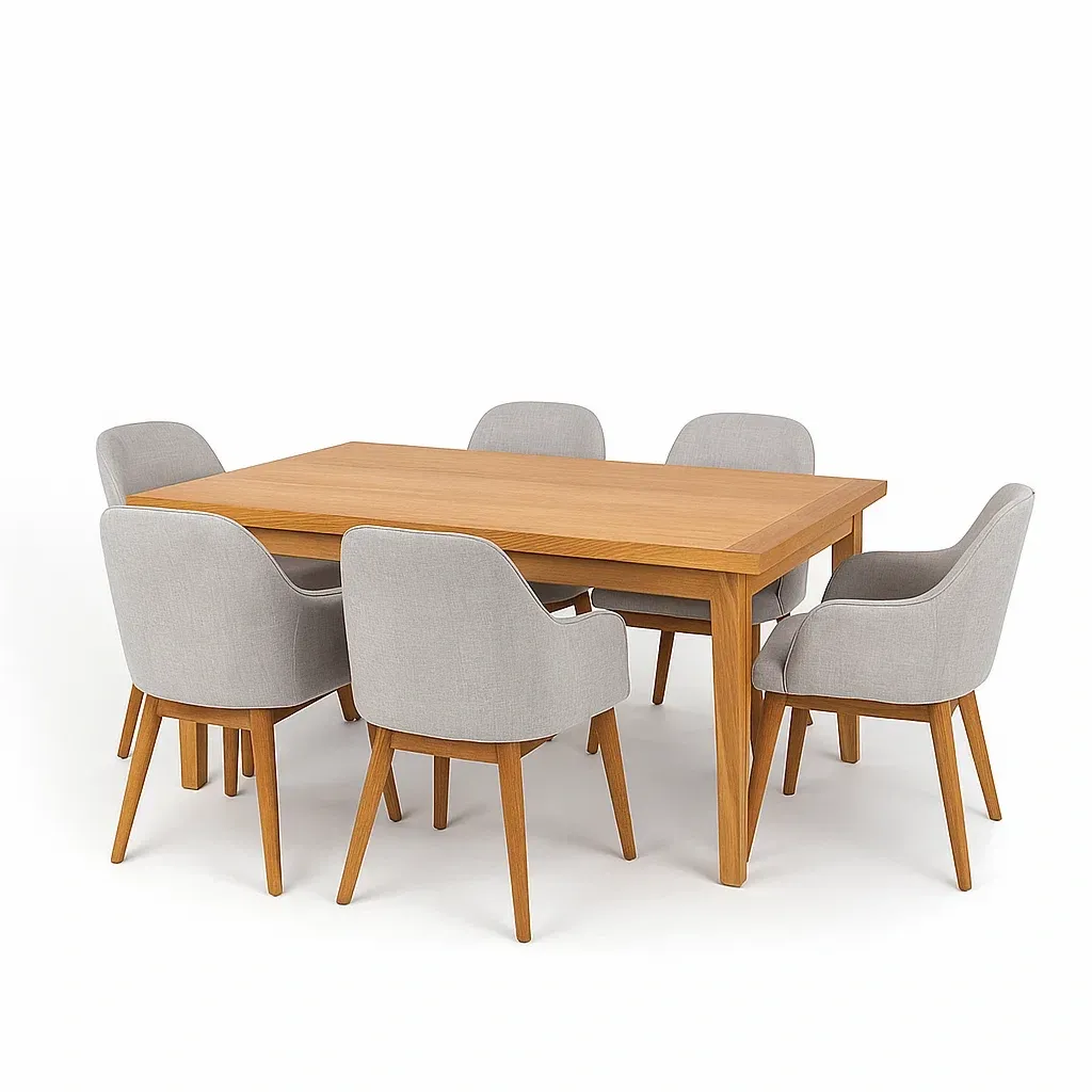 Set tavolo da pranzo con sedie in legno con 6 sedie in tessuto grigio