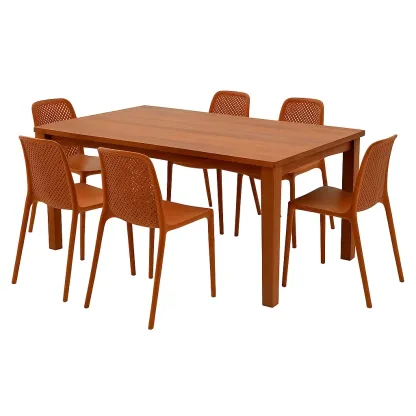Set tavolo da pranzo con sedie rettangolare in legno e sedie in polipropilene arancione