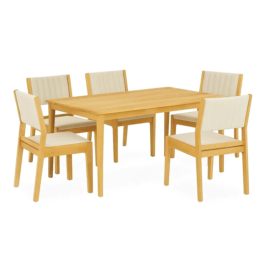 Set tavolo da pranzo con sedie rettangolare in rovere con 5 sedie in tessuto crema