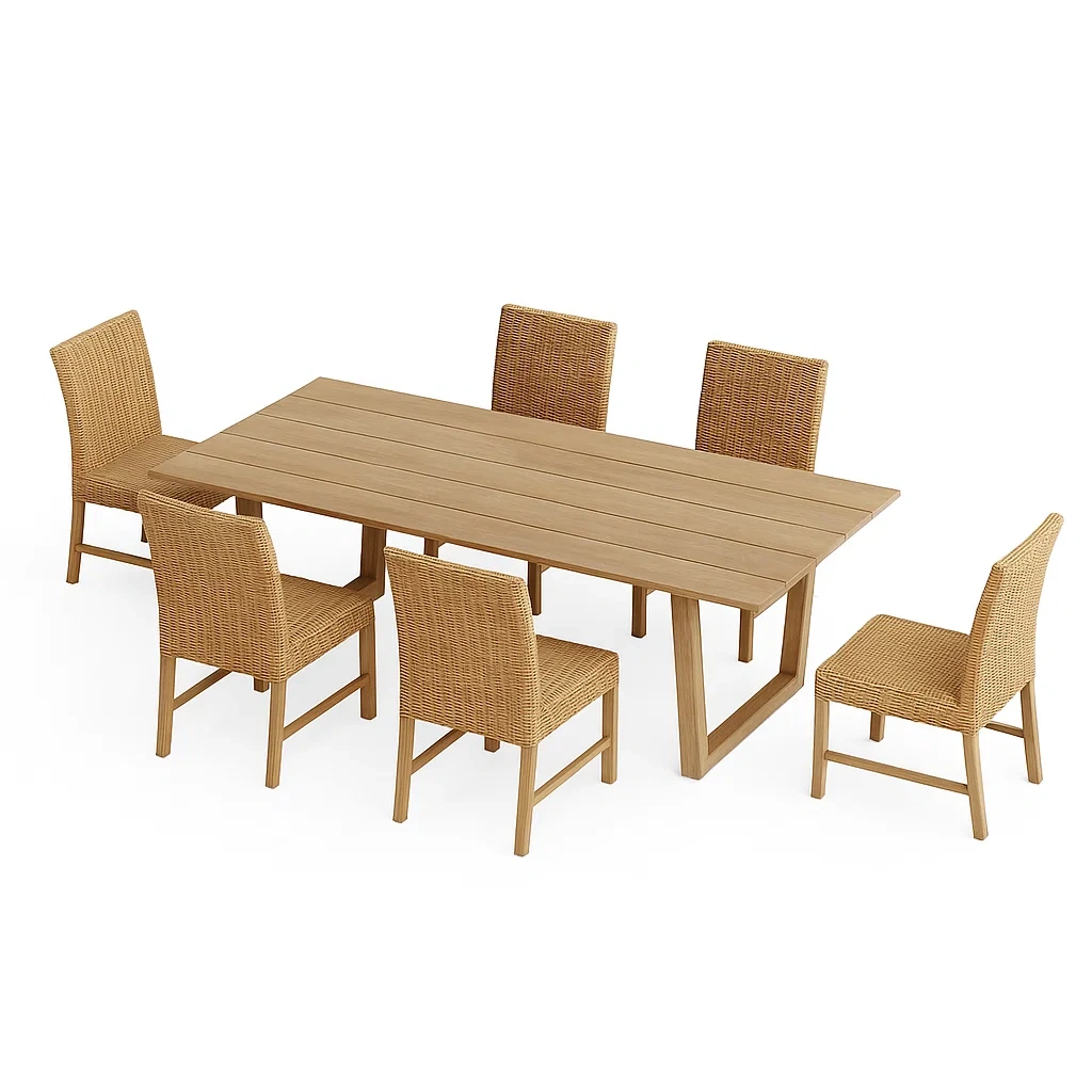 Set tavolo da pranzo con sedie 7 pezzi in legno e rattan marrone