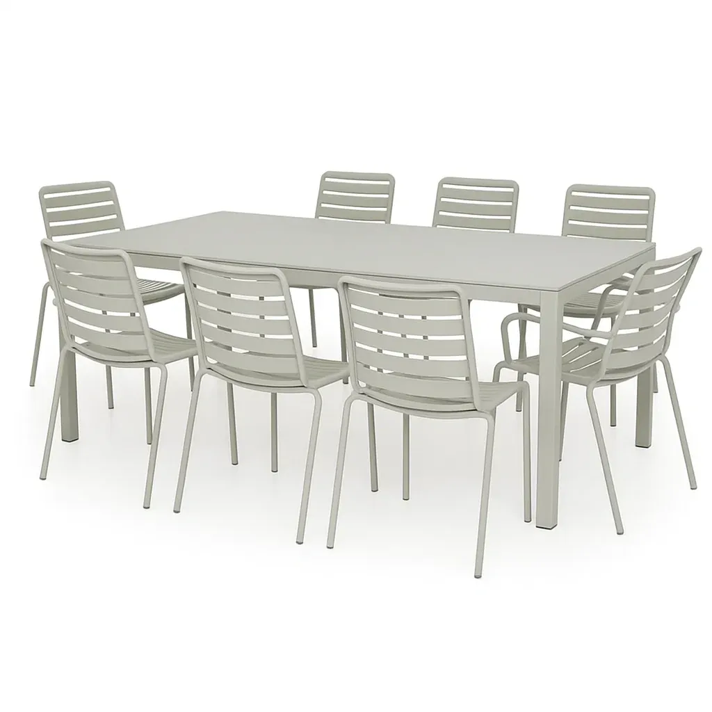 Set tavolo da pranzo con sedie rettangolare in alluminio grigio chiaro con 8 sedie