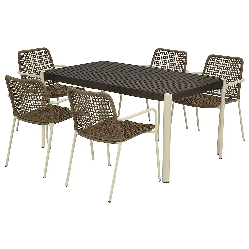 Set tavolo da pranzo con sedie rettangolare da esterno in legno e metallo con 5 sedie in polirattan
