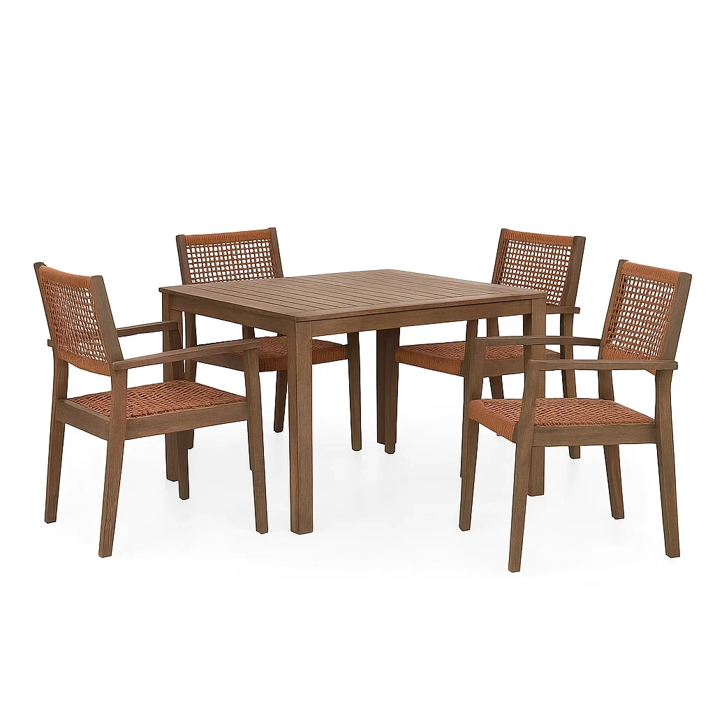 Set tavolo da pranzo con sedie in legno e rattan marrone con 4 sedie