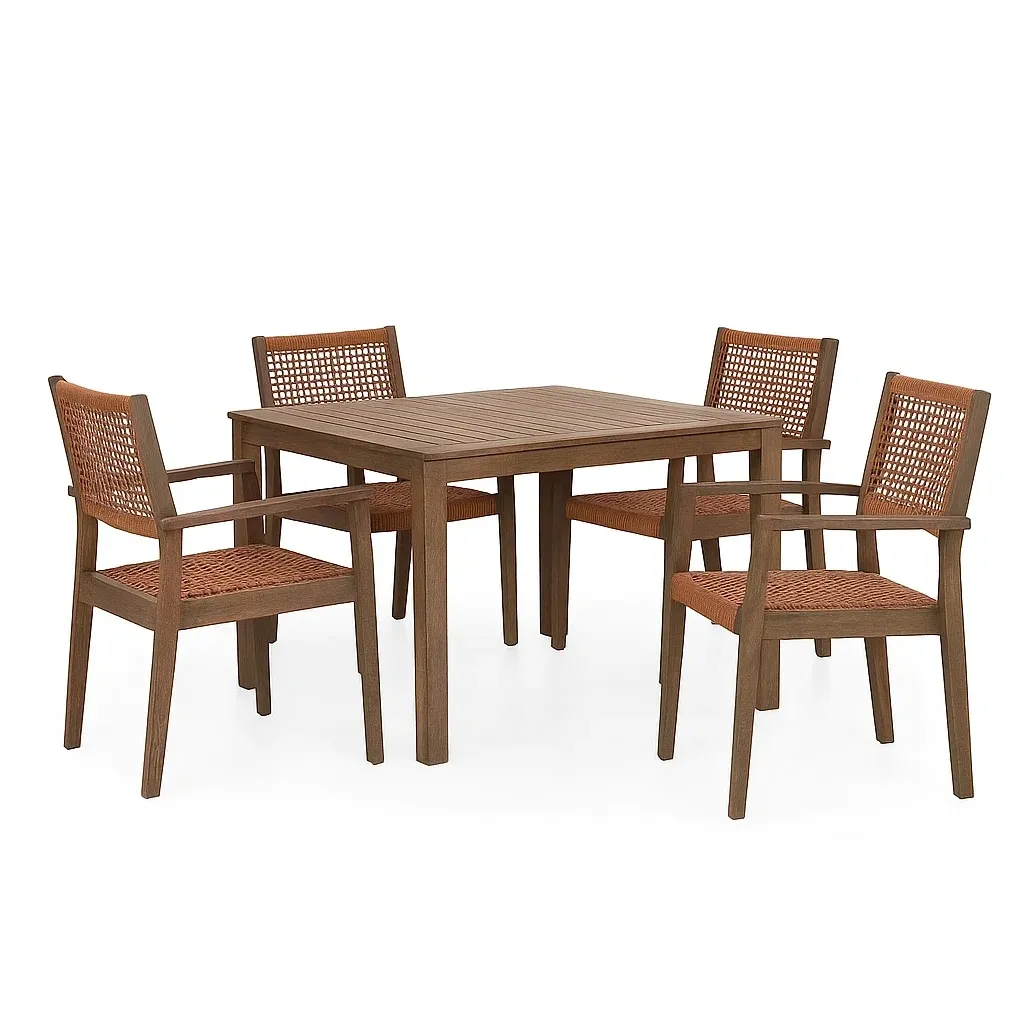 Set tavolo da pranzo con sedie in legno e rattan marrone con 4 sedie