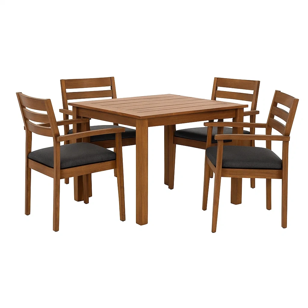 Set tavolo da pranzo con sedie quadrato in legno massello 5 pezzi marrone con cuscini grigi