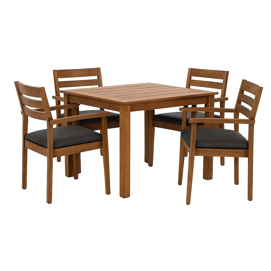 Set tavolo da pranzo con sedie quadrato in legno massello 5 pezzi marrone con cuscini grigi