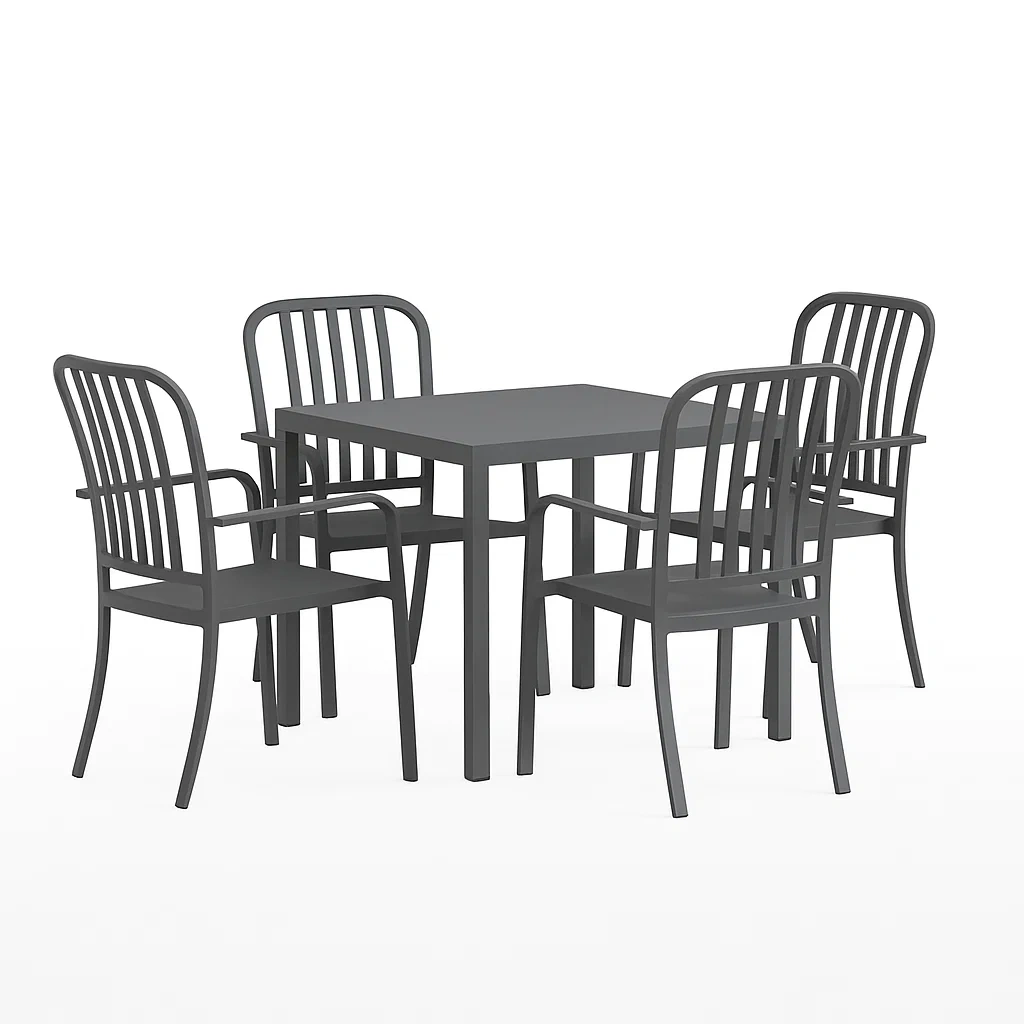 Set tavolo da pranzo con sedie in metallo grigio per esterno