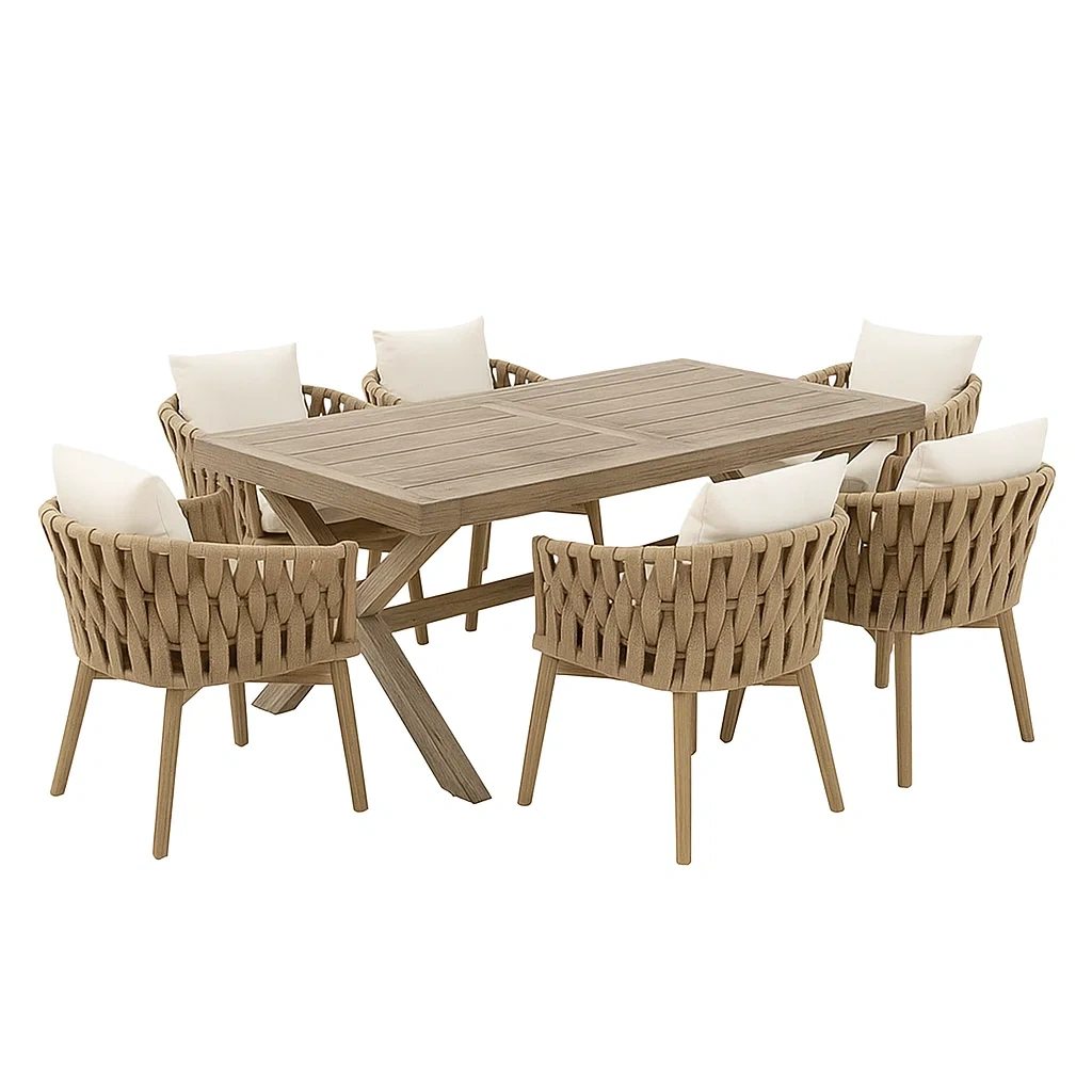 Set tavolo da pranzo con sedie rettangolare in legno di teak con sedie beige