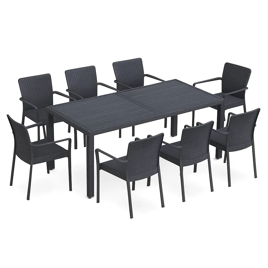 Set tavolo da pranzo con sedie rettangolare in rattan sintetico nero con 8 sedie