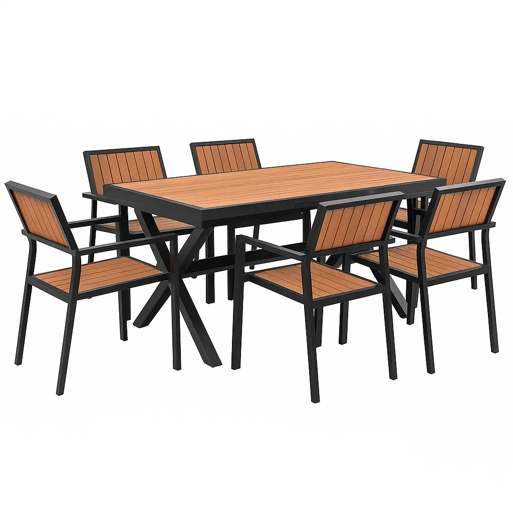 Set tavolo da pranzo con sedie rettangolare da giardino in metallo e legno nero e marrone