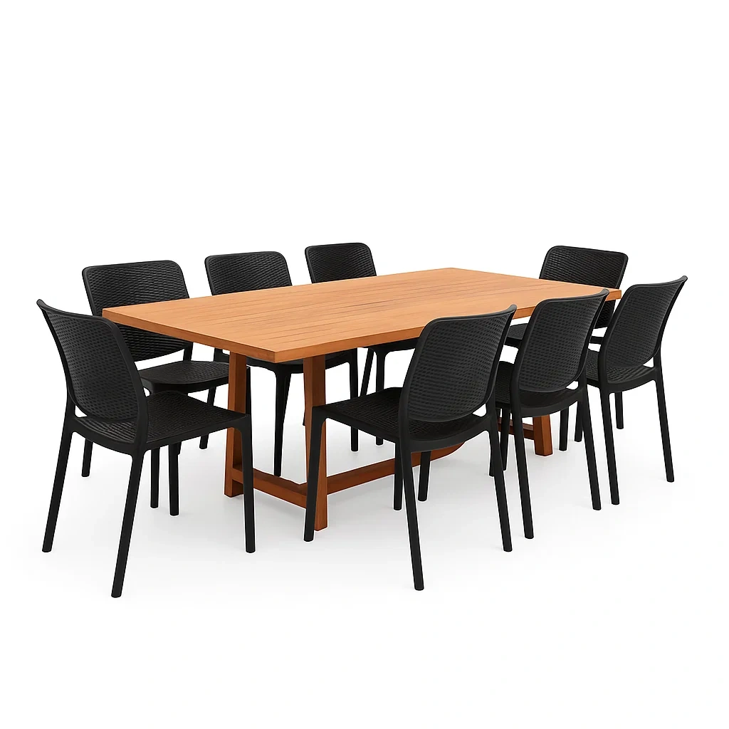 Set tavolo da pranzo con sedie rettangolare in legno con sedie in plastica nera